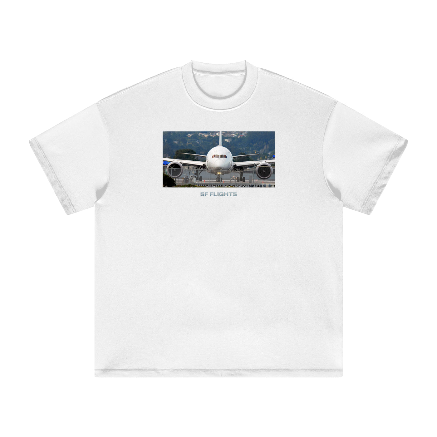 Heavyweight Earth Tone T-Shirt — Widebody B787 Jet at SFO