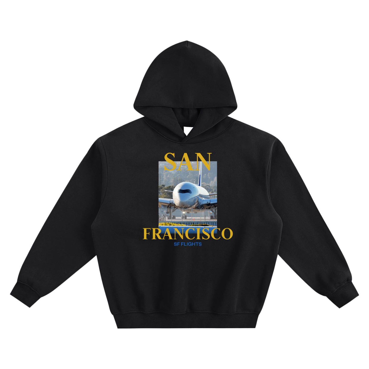 Fleeced Boxy Hoodie — A350 Taxiing at San Francisco Airport