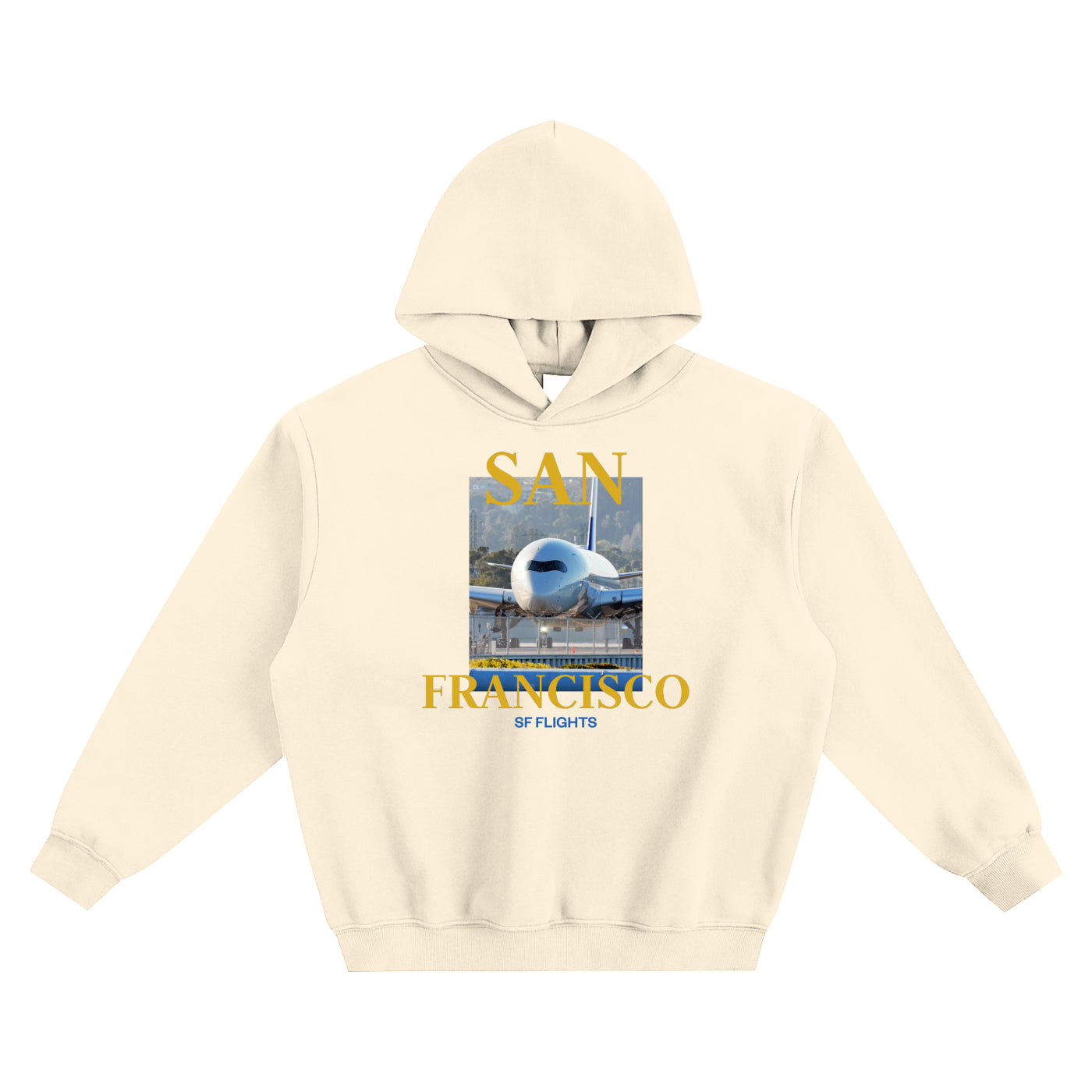 Fleeced Boxy Hoodie — A350 Taxiing at San Francisco Airport