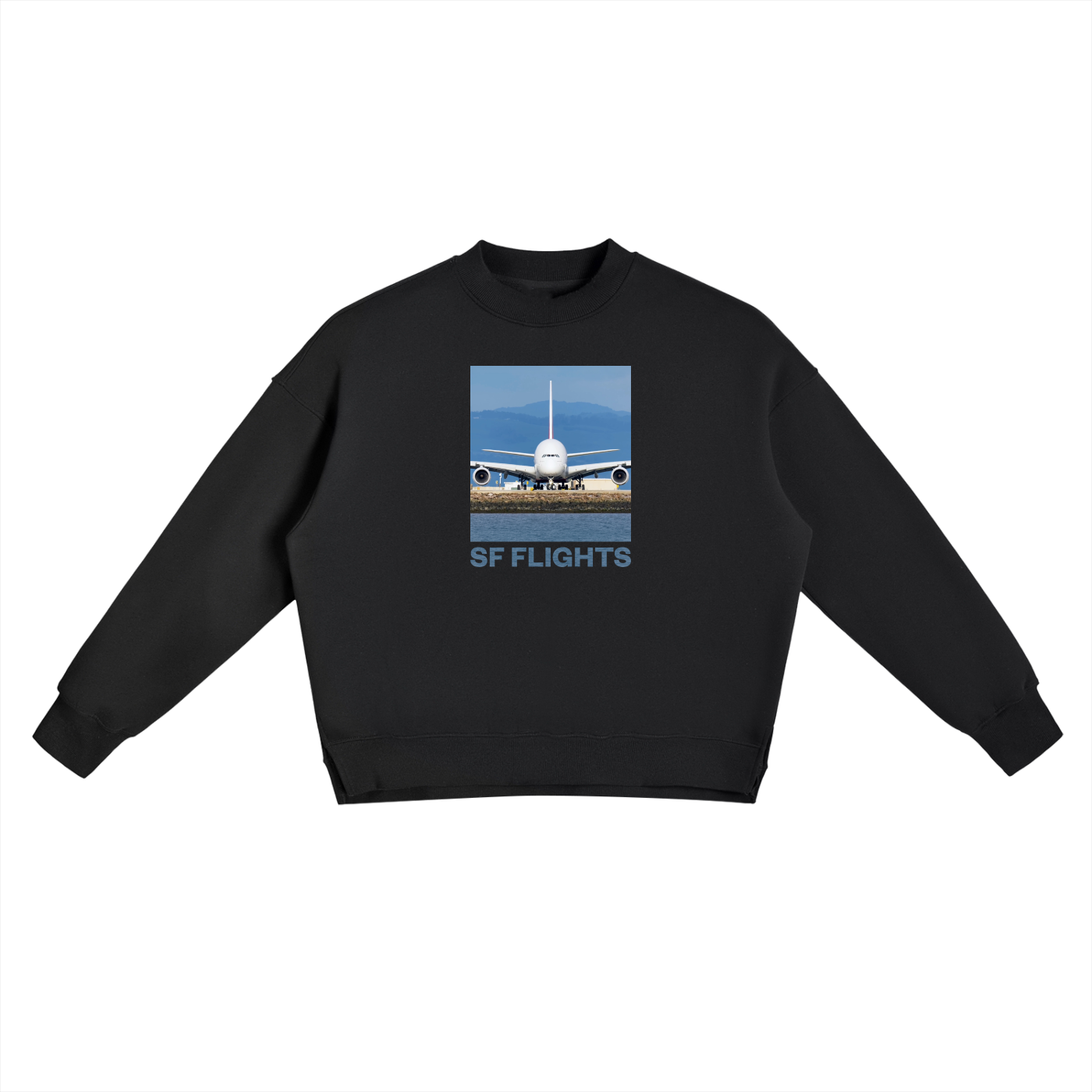 Fleece Side Slit Crewneck Sweatshirt  — Superjumbo A380 at San Francisco Airport