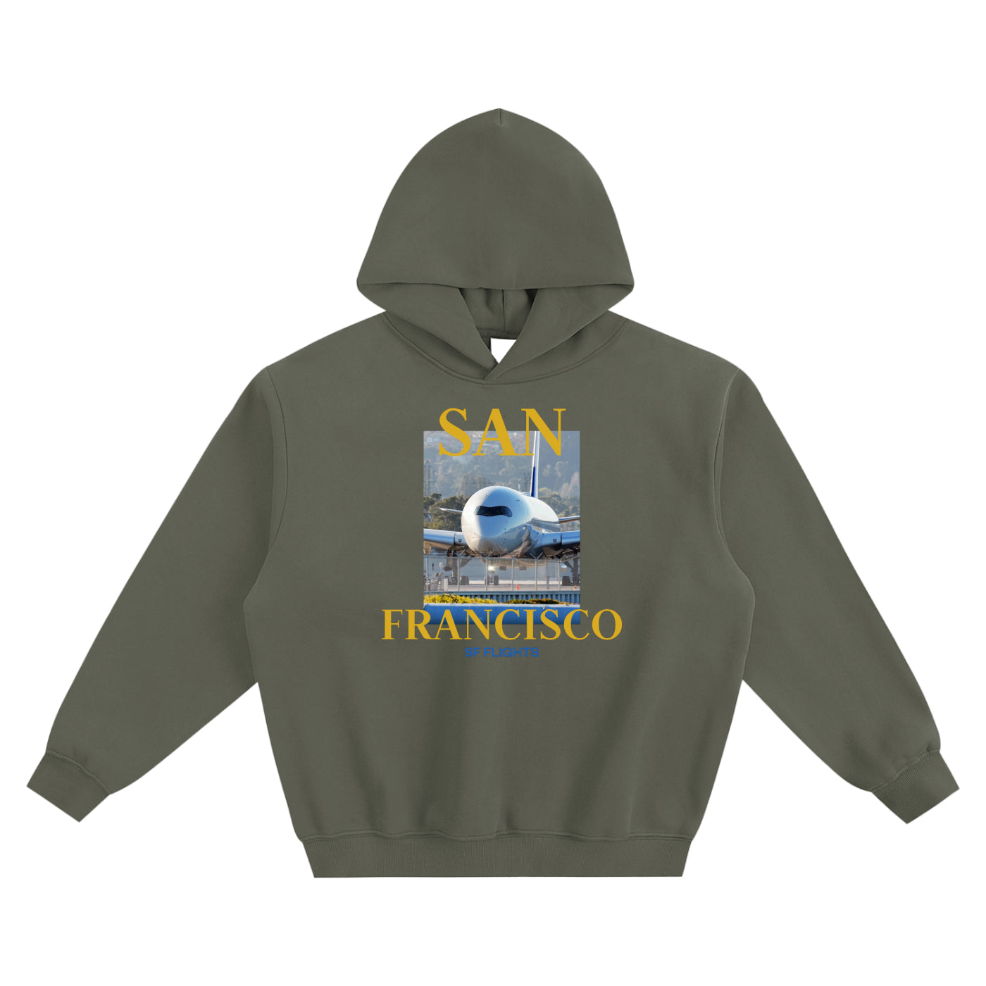 Fleeced Boxy Hoodie — A350 Taxiing at San Francisco Airport